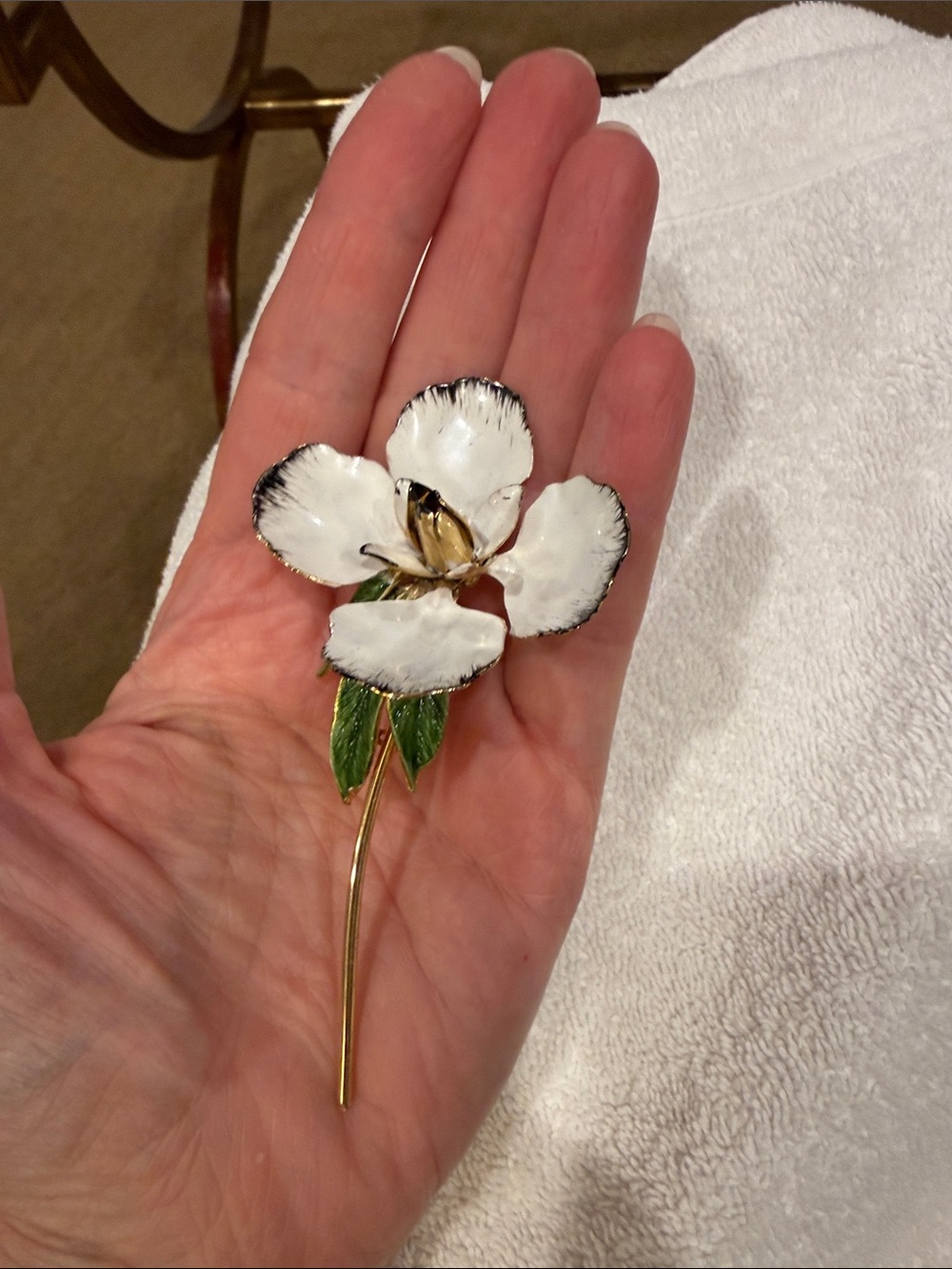 Handcrafted White Enamel Flower Accent with Black Trim - Picture 4 of 4
